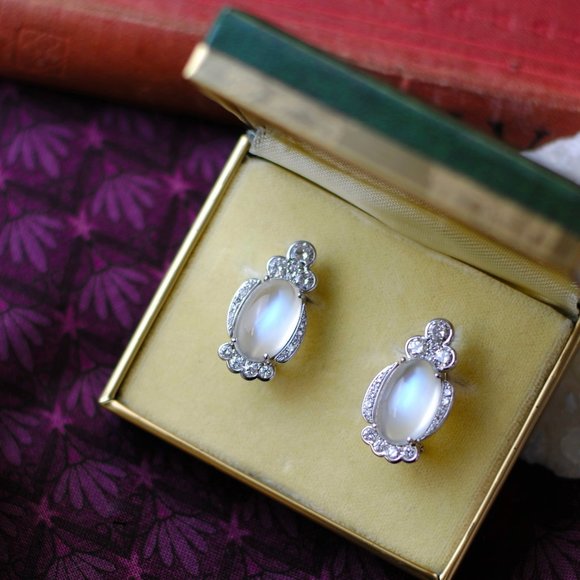 18k White Gold Moonstone and Diamond Earrings - Picture 1 of 3